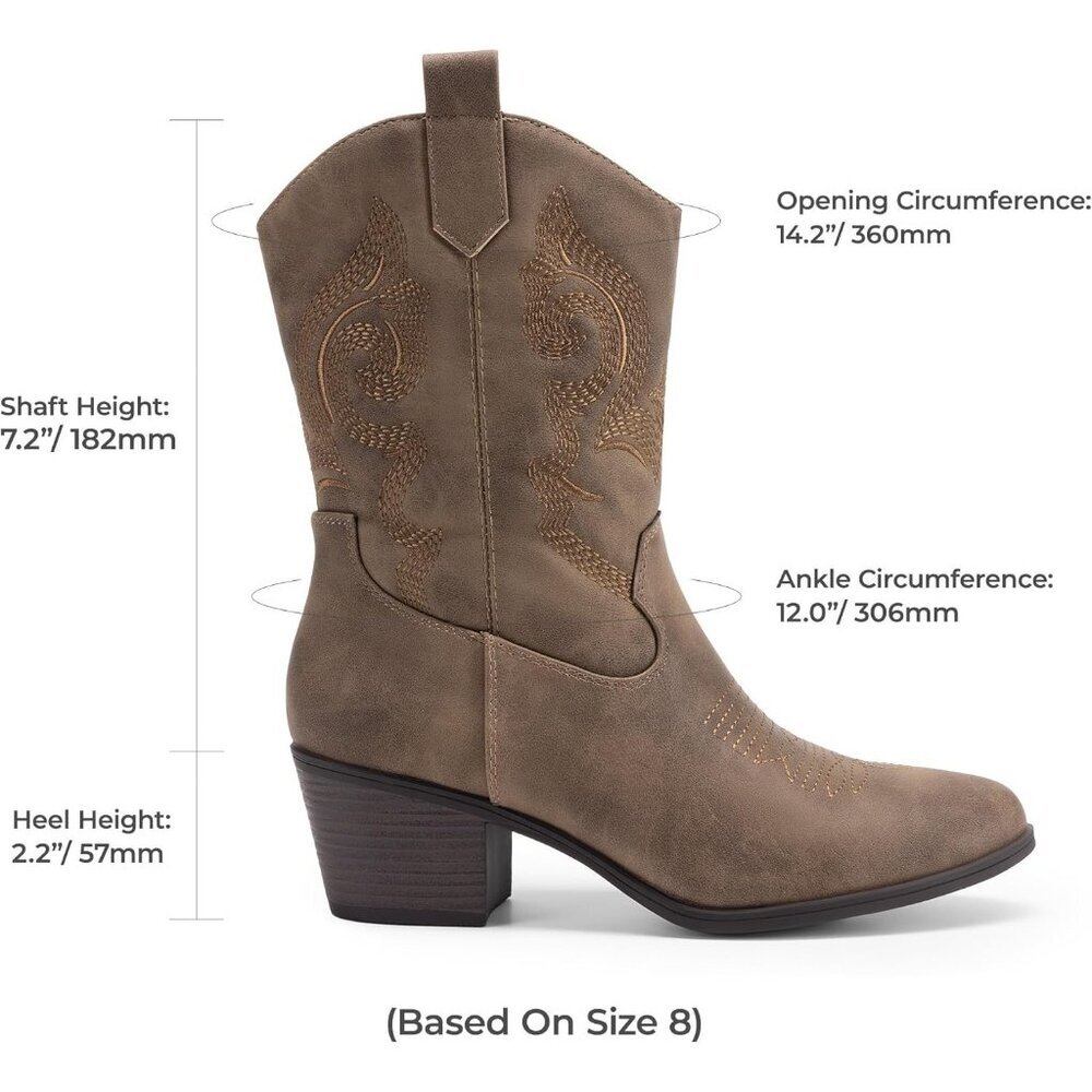 Dream Pairs Women's Camel Mid Calf Cowgirl Boots With Embroidery Round Toe - Picture 4 of 6